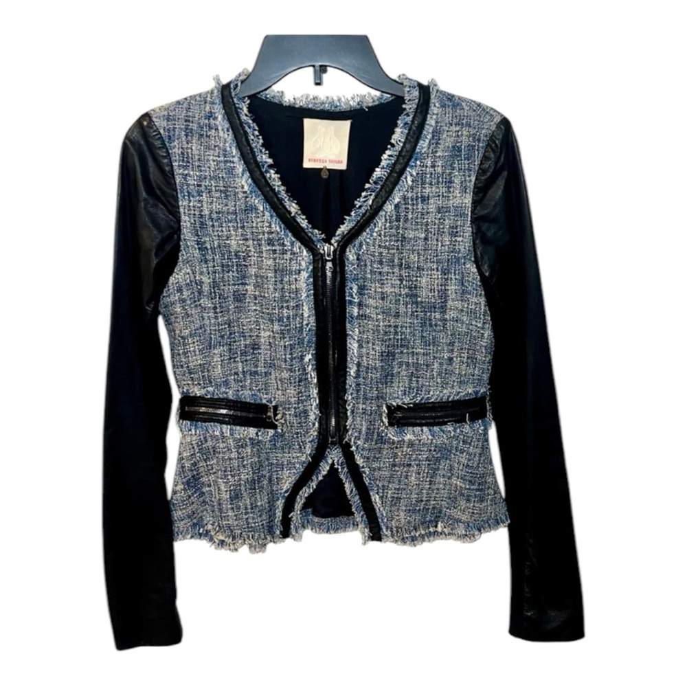 Rebecca Taylor Jacket Women 2 Tweed Long Sleeve Lamb Leather Lined Fringe